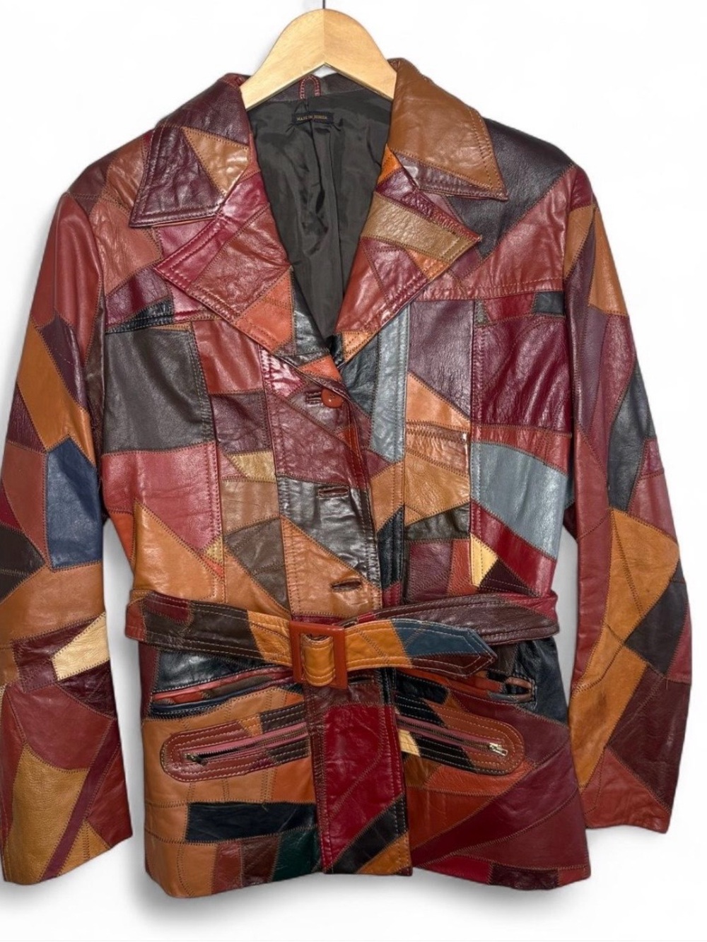 Patchwork Genuine Leather Trench Coat Mid Length Jacket Vtg 70s Boho